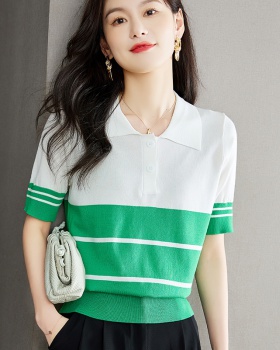 Ice silk thin sweater mixed colors short sleeve tops