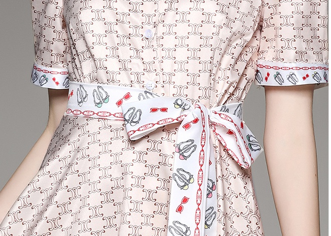 Short sleeve all-match printing pinched waist slim dress