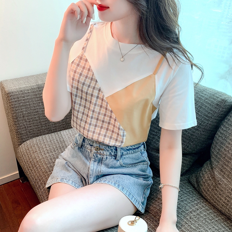 Loose short sleeve T-shirt Pseudo-two plaid tops for women