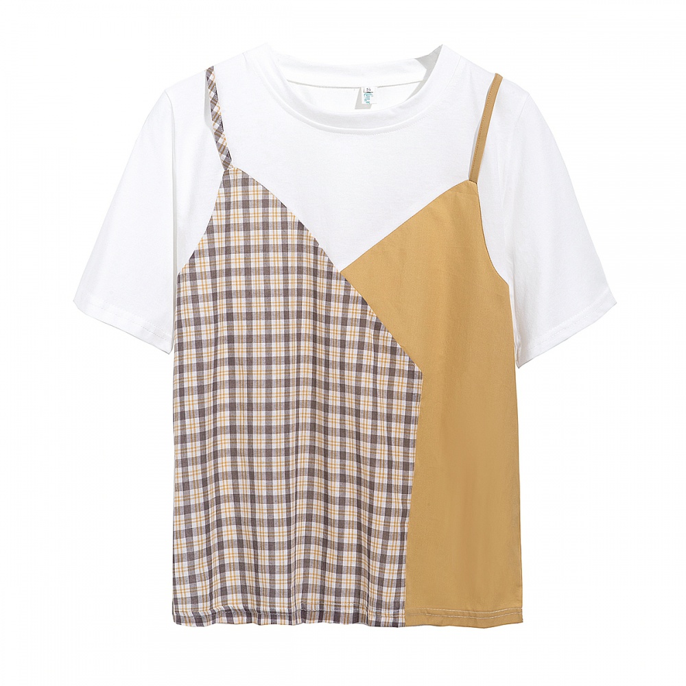 Loose short sleeve T-shirt Pseudo-two plaid tops for women