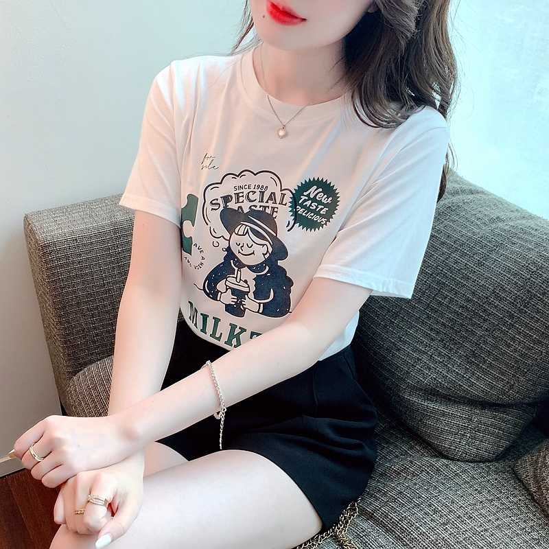 White summer tops loose pure cotton T-shirt for women