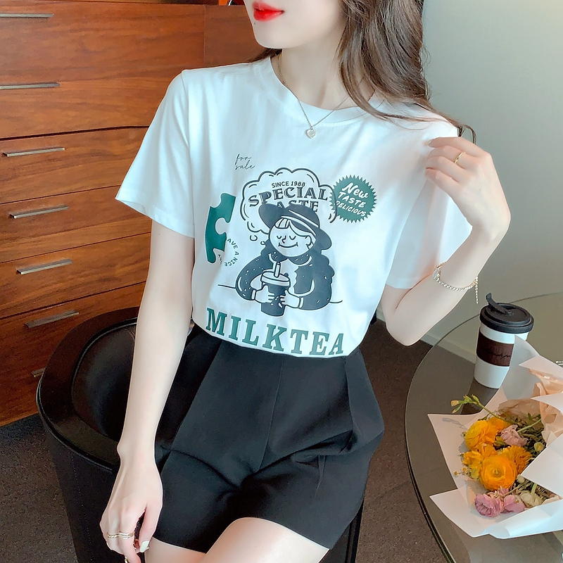 White summer tops loose pure cotton T-shirt for women