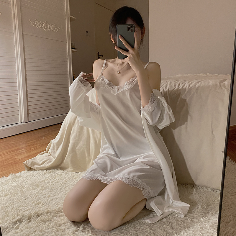 Silk sling pajamas sexy nightgown 4pcs set for women