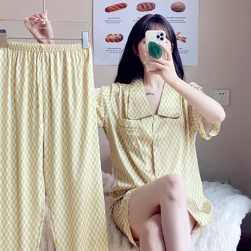 Casual long pants pajamas 3pcs set for women