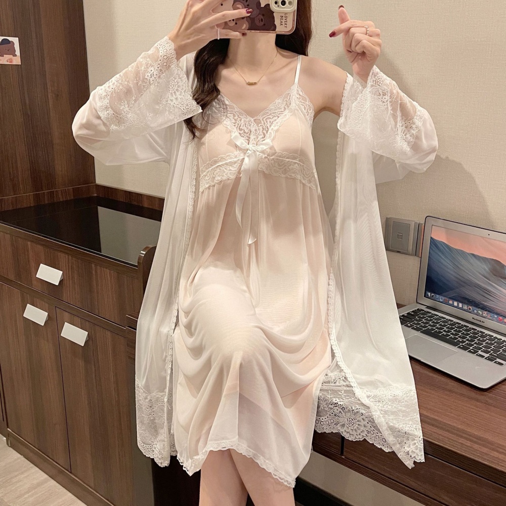 Lace sexy night dress with chest pad pajamas 2pcs set for women