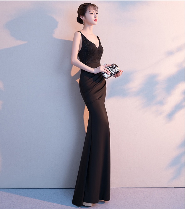 Winter split elegant evening dress sexy slim black dress