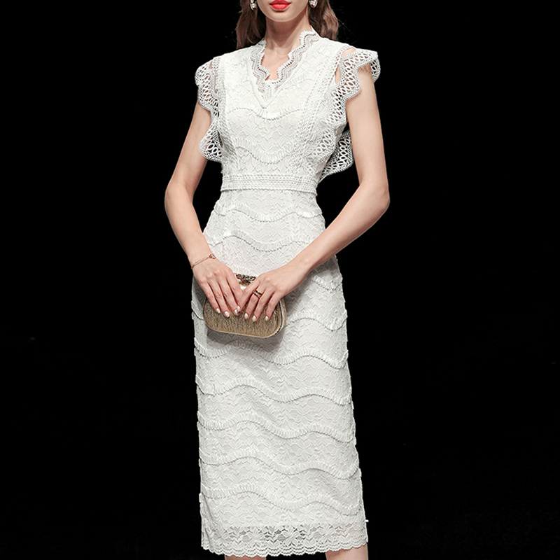 Summer long lace sexy V-neck fashion white slim dress