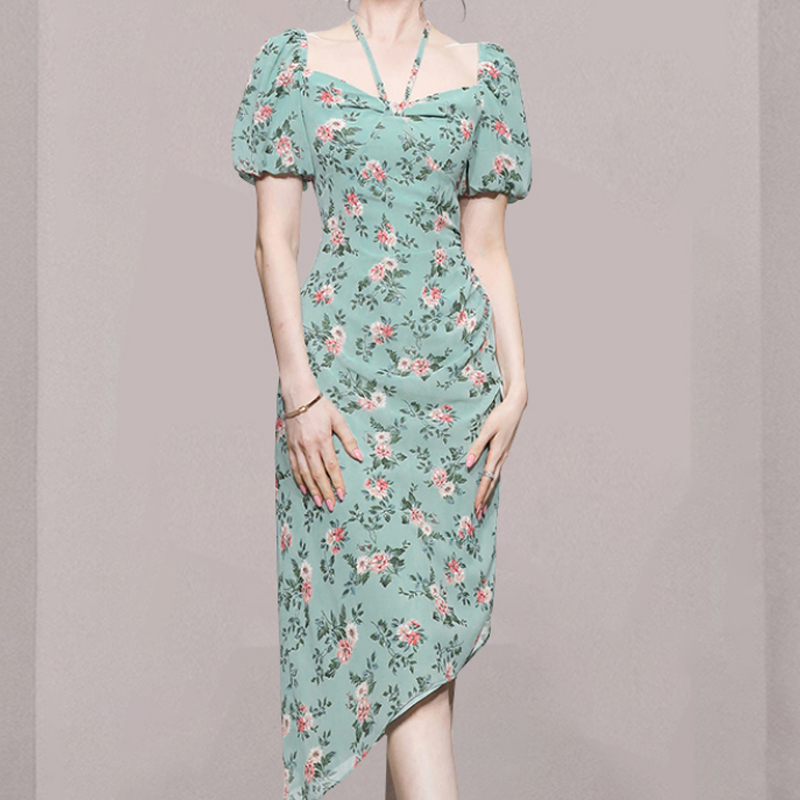 Slim square collar frenum summer hem slim floral dress