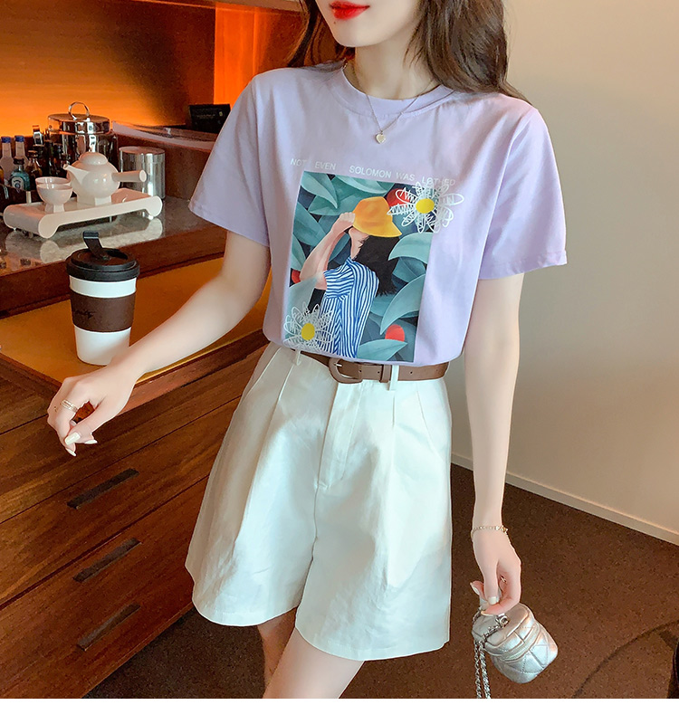 Purple summer short sleeve tops slim loose T-shirt for women