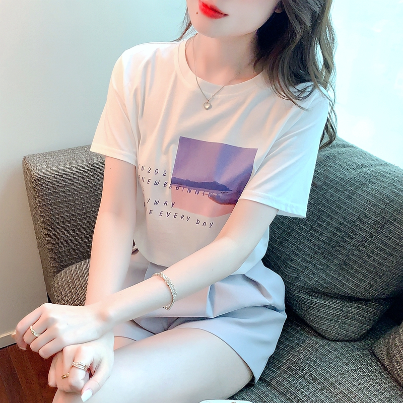 Pure cotton summer tops printing white T-shirt for women