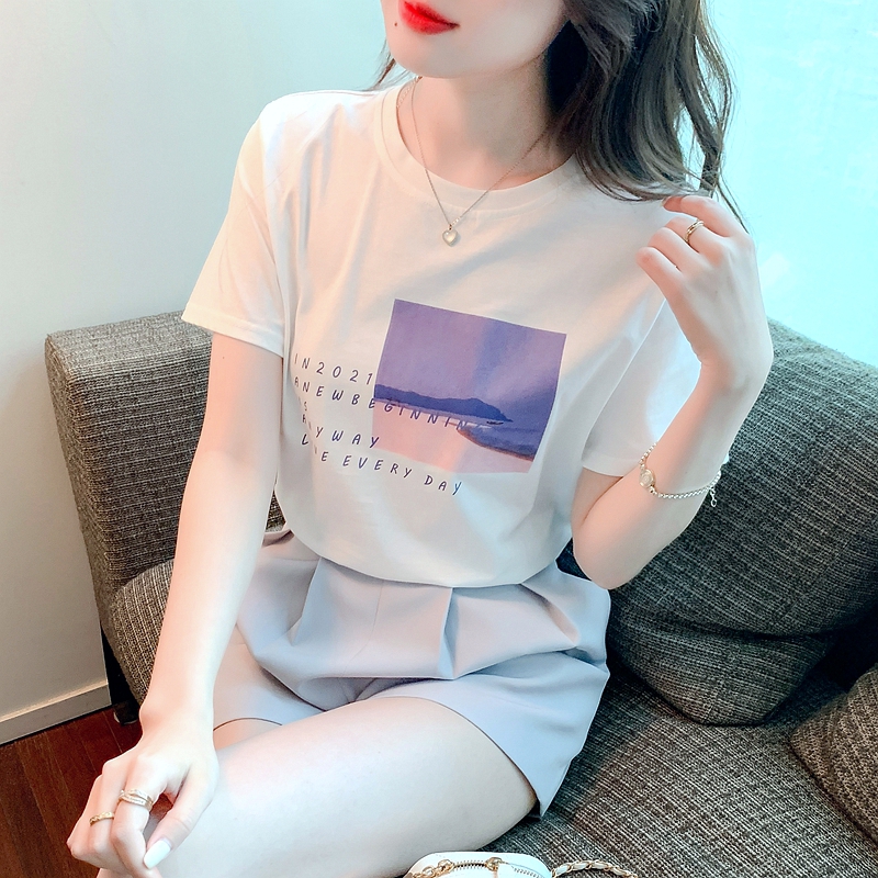 Pure cotton summer tops printing white T-shirt for women