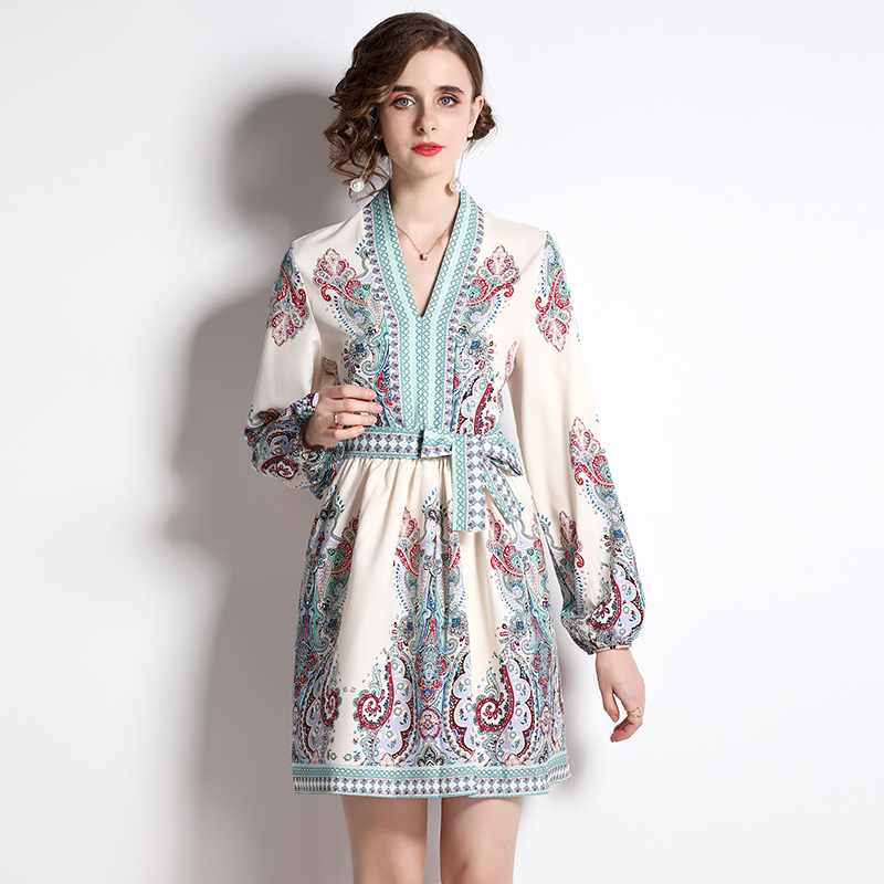 Pinched waist loose T-back France style printing dress