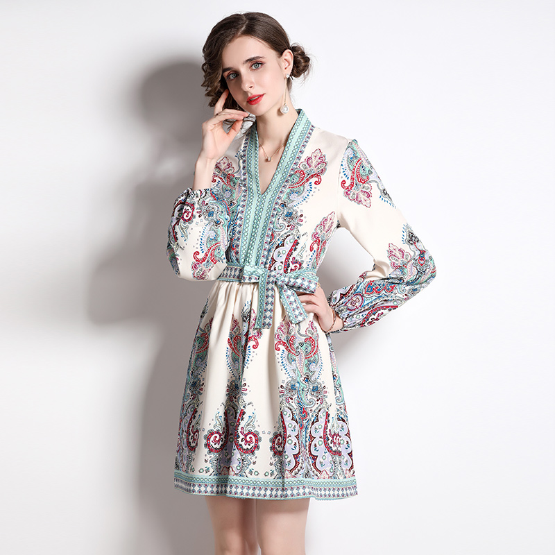 Pinched waist loose T-back France style printing dress