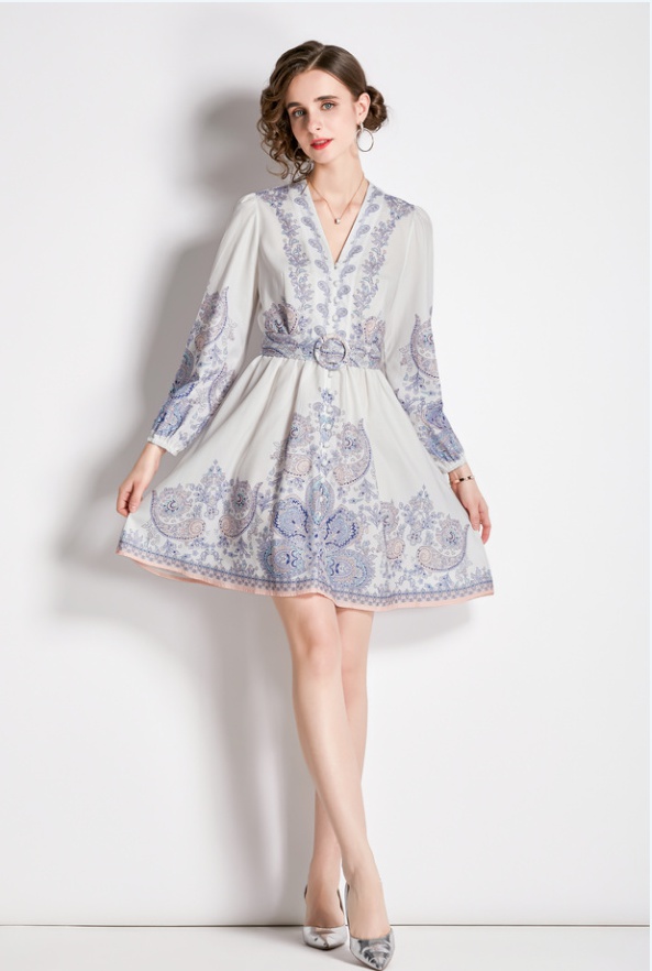 Printing pinched waist retro with belt long sleeve dress