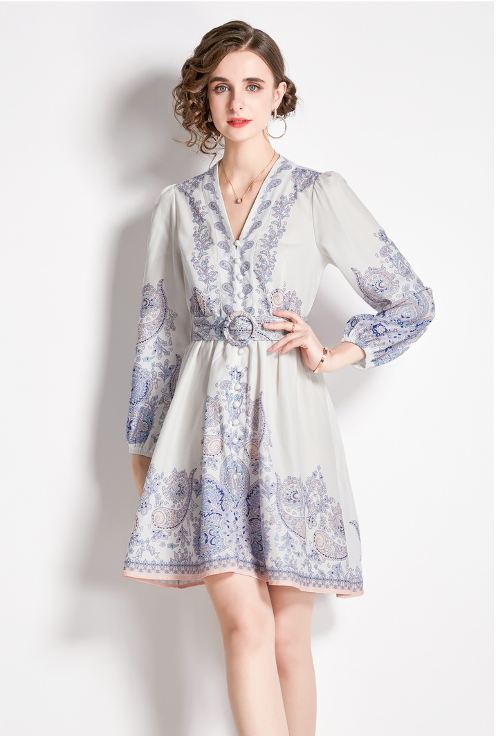 Printing pinched waist retro with belt long sleeve dress