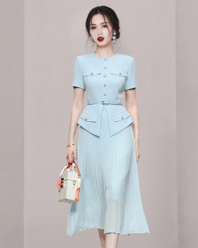 Pleated long dress pinched waist dress for women