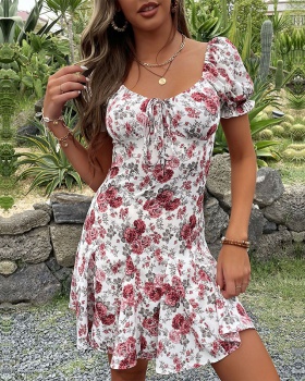European style Casual vacation summer printing flat shoulder dress