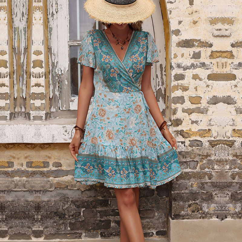 Blue European style printing summer a slice dress