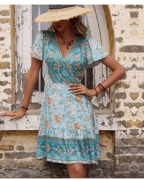 Blue European style printing summer a slice dress