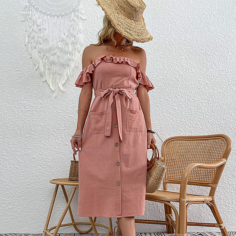 Summer European style flat shoulder cotton linen dress