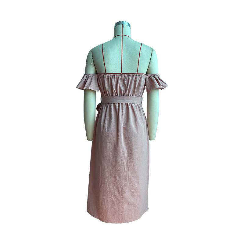 Summer European style flat shoulder cotton linen dress