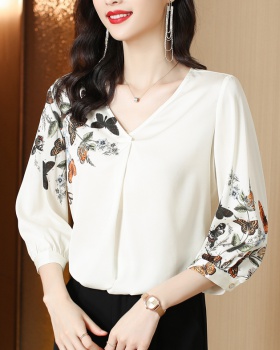 Floral real silk shirt V-neck satin tops for women