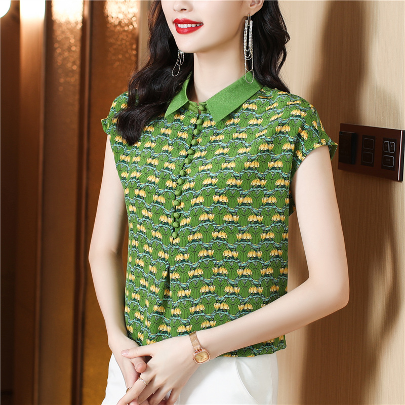 Summer real silk tops silk short sleeve shirt for women