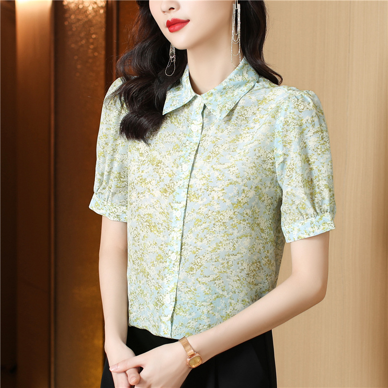 Floral silk shirt summer real silk tops for women