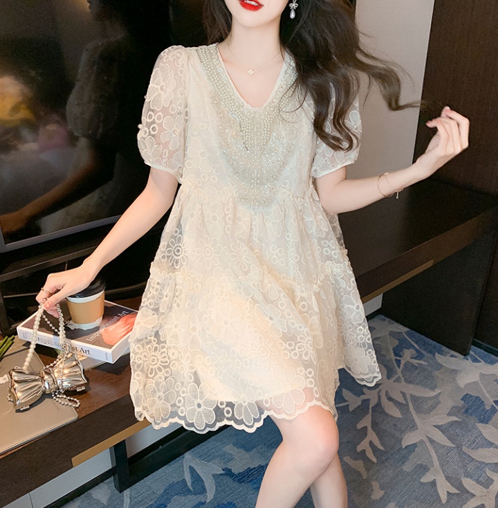 Lace doll temperament loose short sleeve beading summer dress