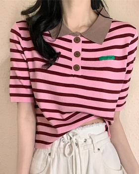 Stripe short knitted T-shirt Korean style short sleeve tops