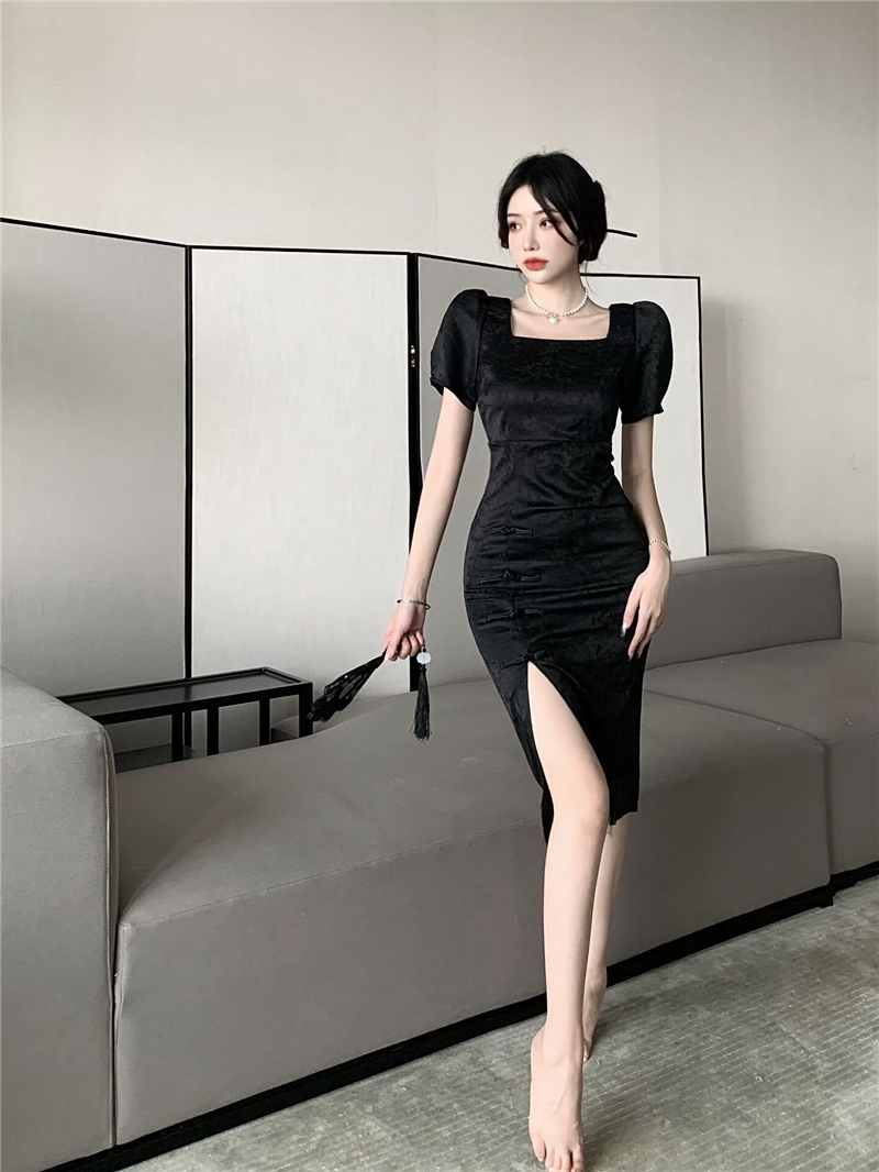 Square collar retro dress split jacquard cheongsam