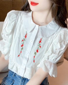 Short sleeve thin embroidery puff sleeve lace shirt