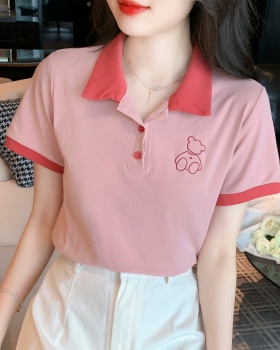 Embroidery lapel tops summer pure cotton T-shirt