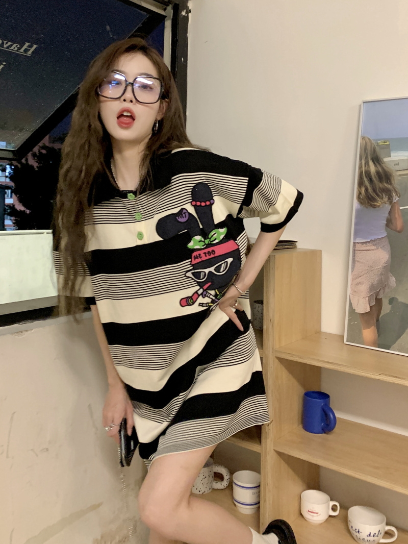 Long embroidery cartoon stripe summer Korean style T-shirt