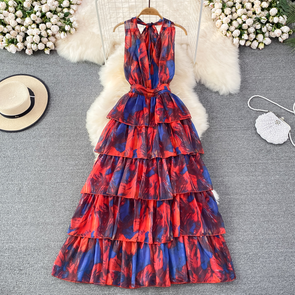 Printing fashion long dress halter Korean style dress