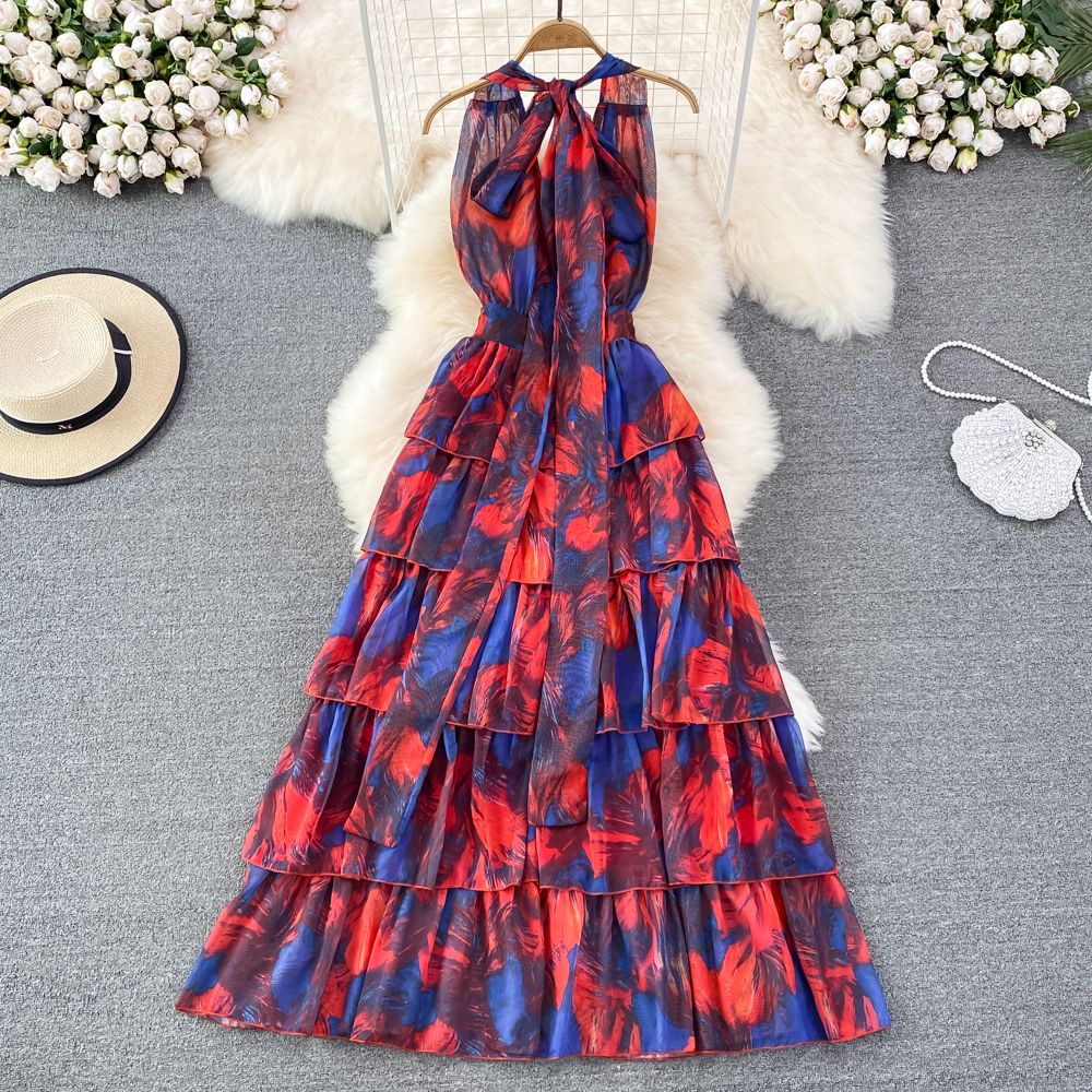 Printing fashion long dress halter Korean style dress