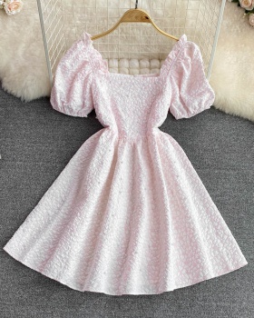 Thick and disorderly summer pink square collar pinched waist dress