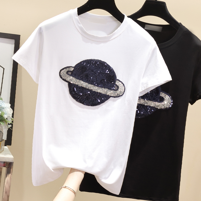 Short sleeve sequins loose tops Western style summer T-shirt