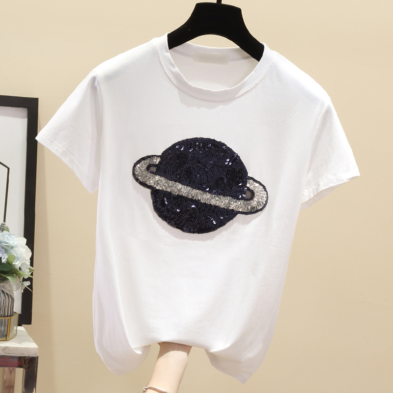 Short sleeve sequins loose tops Western style summer T-shirt