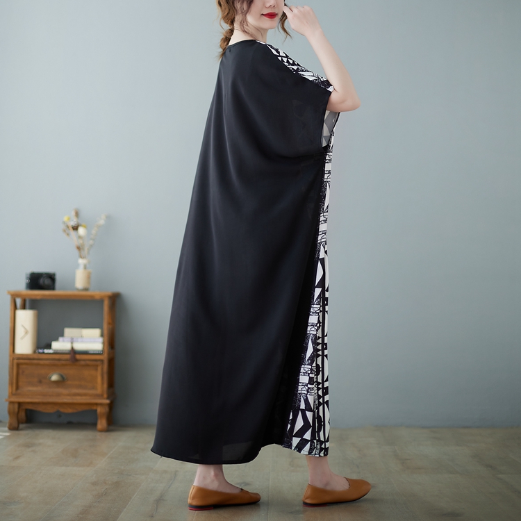 Big geometry robe large pockets short sleeve long dress