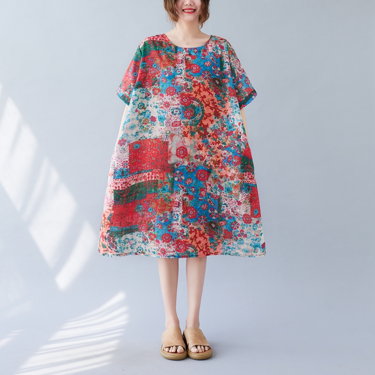 Art fat cotton linen printing summer loose dress