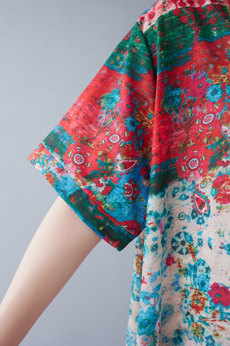 Art fat cotton linen printing summer loose dress