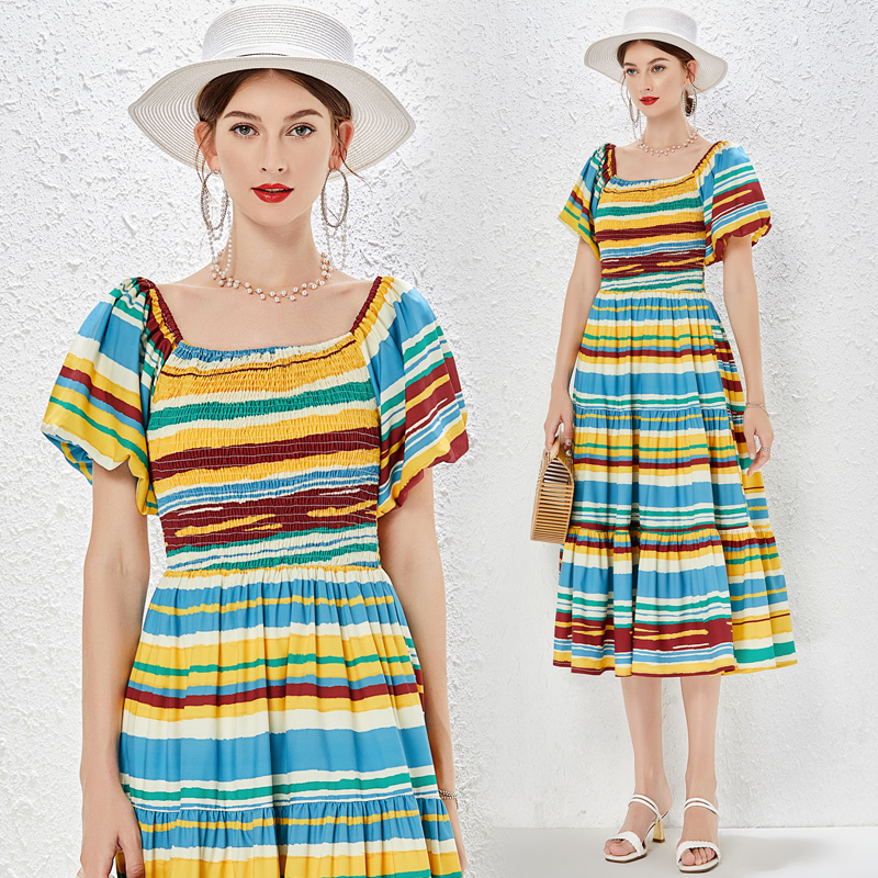 Colors stripe long dress big skirt flat shoulder dress