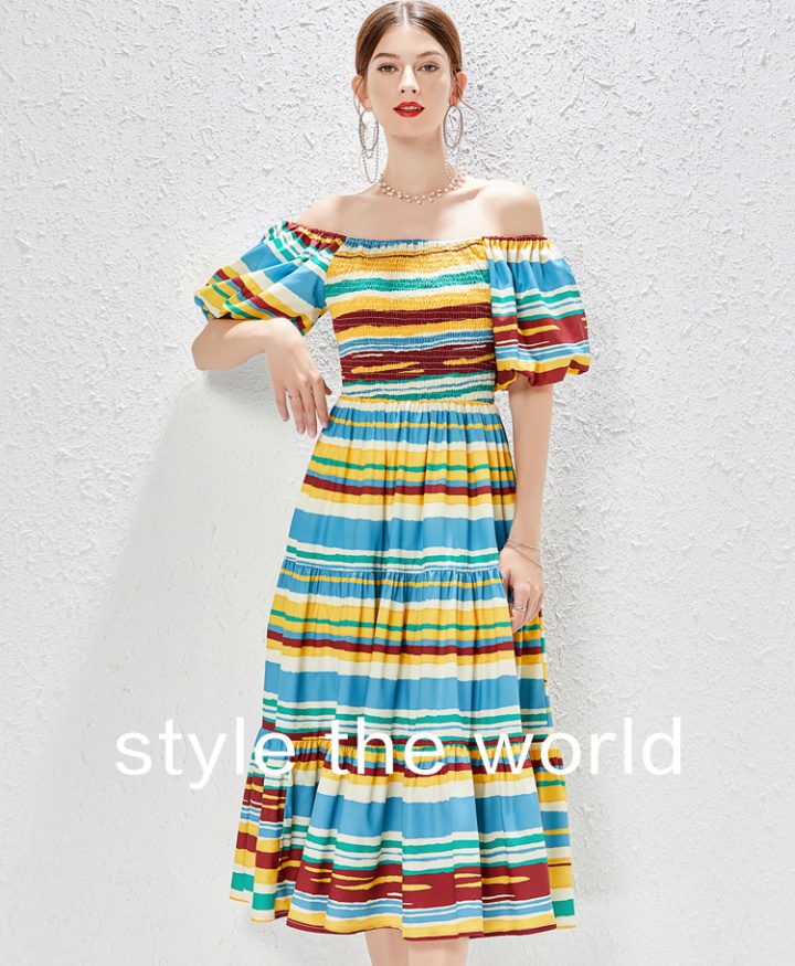 Colors stripe long dress big skirt flat shoulder dress