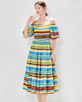 Colors stripe long dress big skirt flat shoulder dress