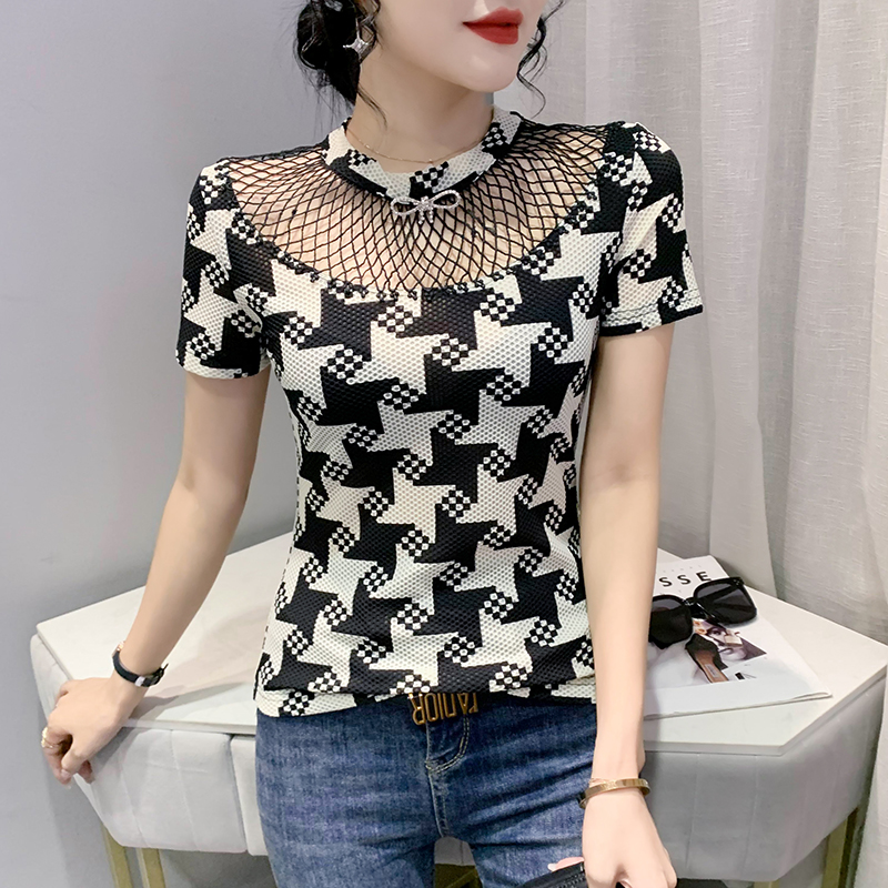 Sexy lace summer T-shirt splice hollow tops for women