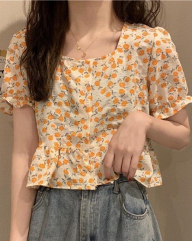 Floral chiffon shirt puff sleeve tops for women