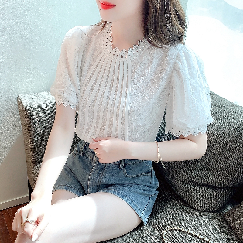 Western style all-match tops short sleeve lace shirt for women