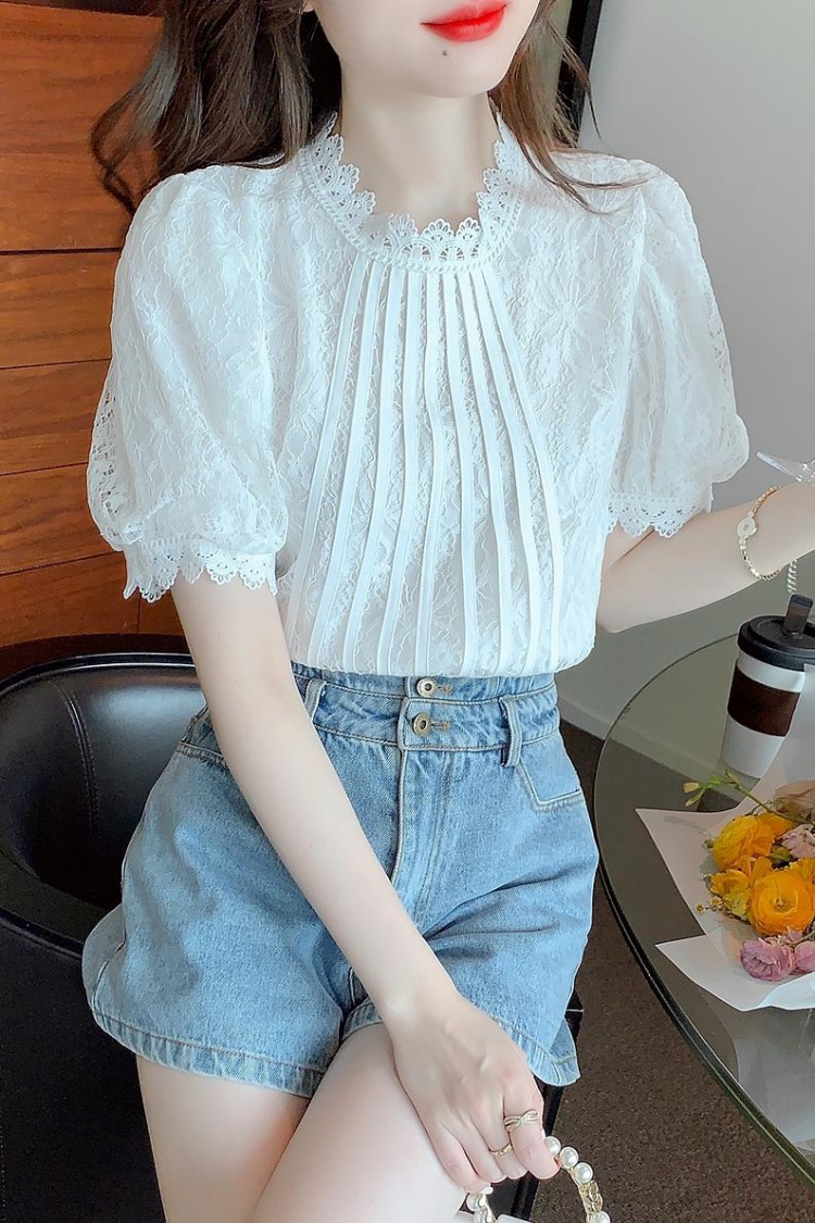 Western style all-match tops short sleeve lace shirt for women