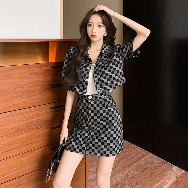 Summer single-breasted tops printing package hip short skirt a set